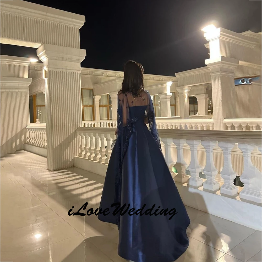 Elegant Blue Evening Dress 2026 Dubai Satin Lace Cape A line Ankle Length Prom Gowns Party Dress For Wedding Customizd 2025