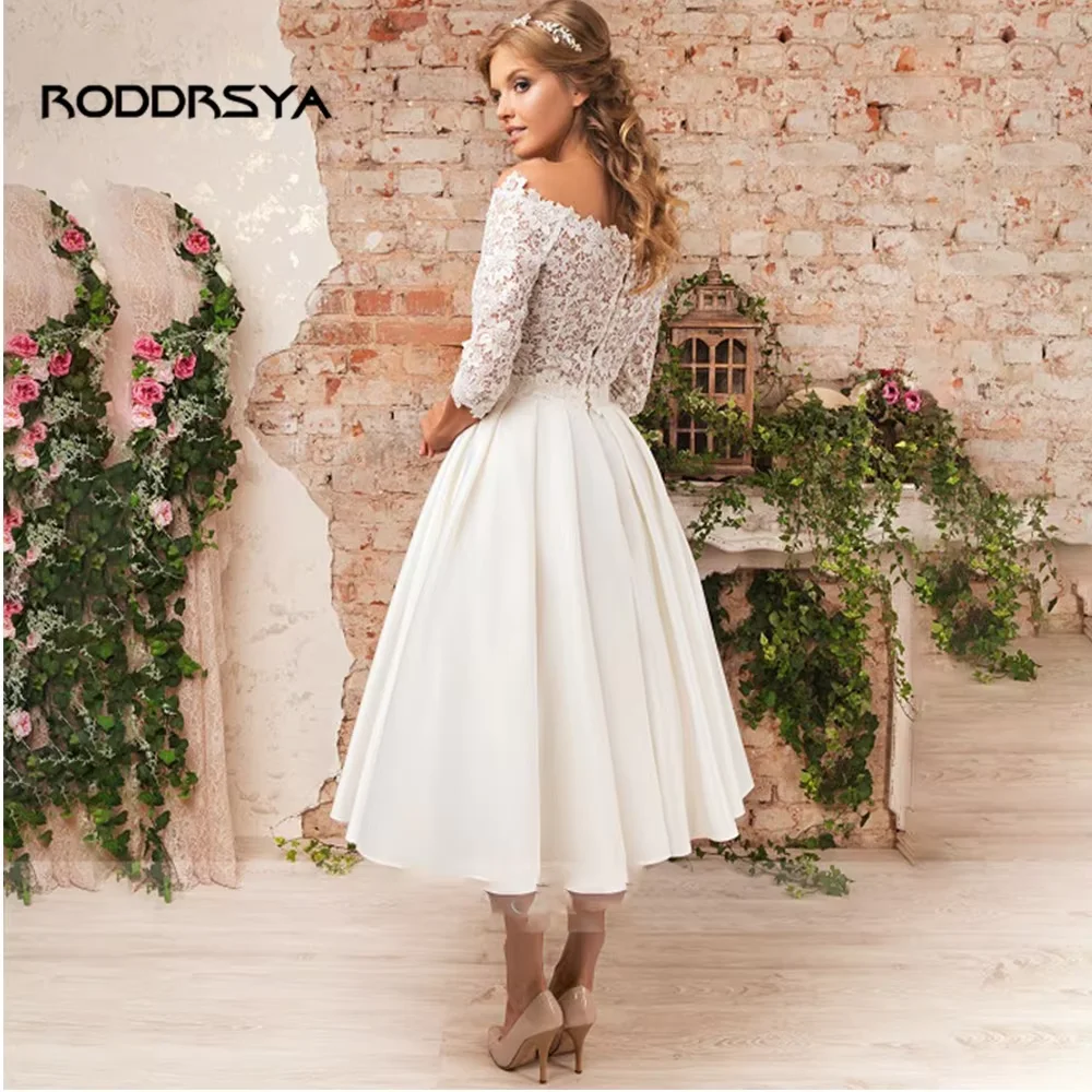 RODDRSYA 여성용 빈티지 신부 가운, 레이스 새틴 A 라인 웨딩 드레스, 2023 긴 소매 스쿱 칼라, 티 길이 신부 스커트 빈티지 신부 드레스 레이스 새틴 스커트 웨딩드레스 2023 여성 긴팔 큰 라운드 칼라 갈색 롱 스커트 빈티지 신부 드레스 레이스 새틴