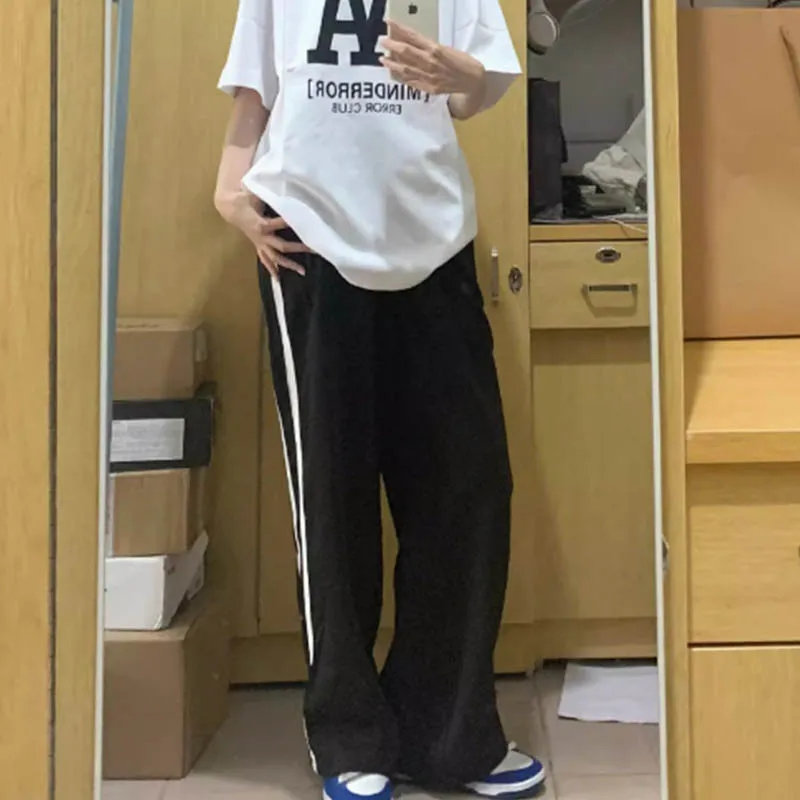 

Black striped casual pants women's summer fashion brand loose straight tube slim and wide-legged sports pants