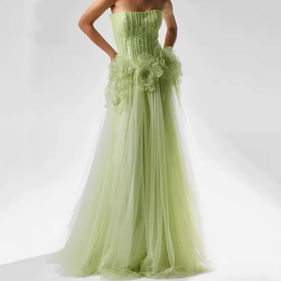 Gaun Malam Hijau Elegan dengan Hiasan Manik-Manik Vestidos De Fiesta Tulle untuk Gaun Prom Tanpa Tali Tanpa Lengan Panjang Menyentuh Lantai yang Dapat Disesuaikan