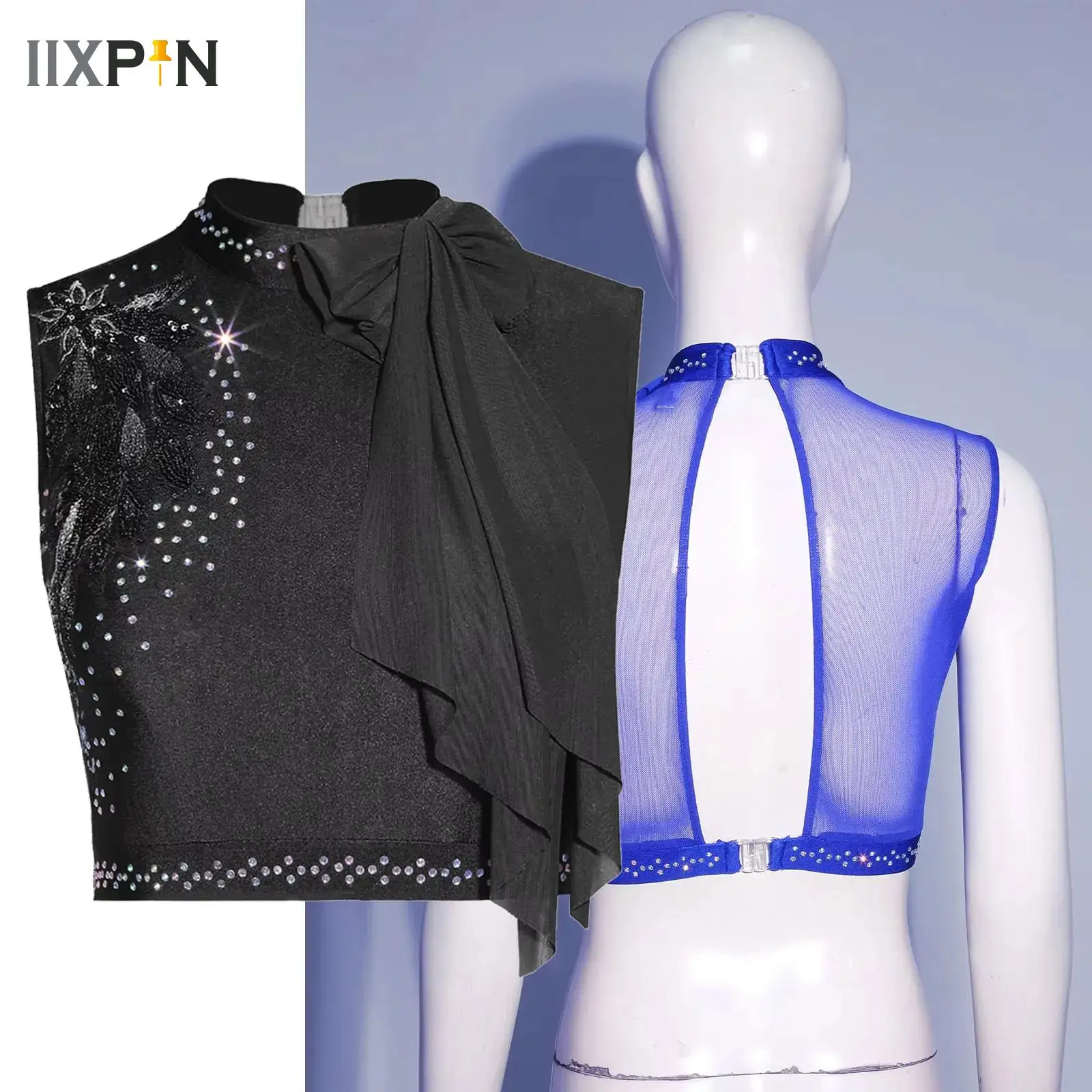 

Mesh Bow Crop Top for Girls Women Tap Jazz Dance Wear Sequin Embroidery Modern Contemporary Lyrical Dance Performance Costume