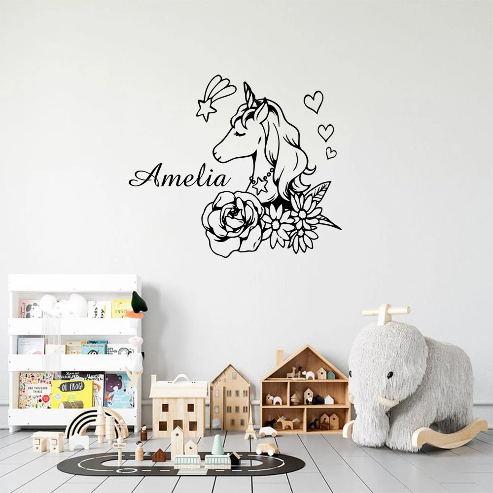 

1PC Fashion Unicorn Custom Name Environmental Protection Vinyl Stickers Fashion Wallsticker Study Room Wall Art MURAL