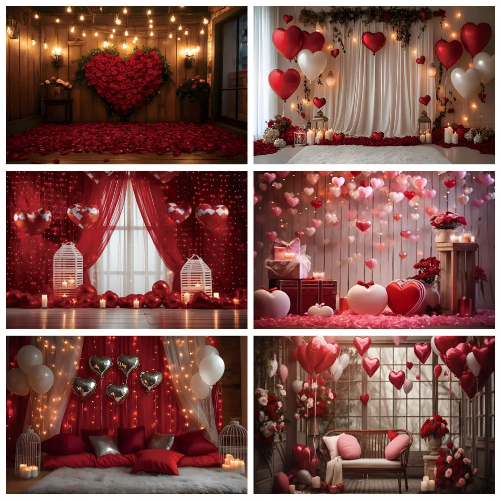 

February 14 Valentine's Day Photography Backdrops Romantic Red Rose Love Heart Balloon Wedding Portrait Photo Background Decor