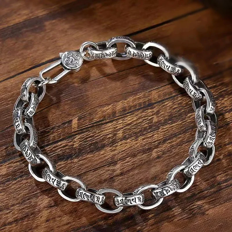 S925 Sterling Silver Logo Bracelet Biker Punk Rock Chain Chrome Retro style Jewelry for Men 6mm Width Charm Bracelets