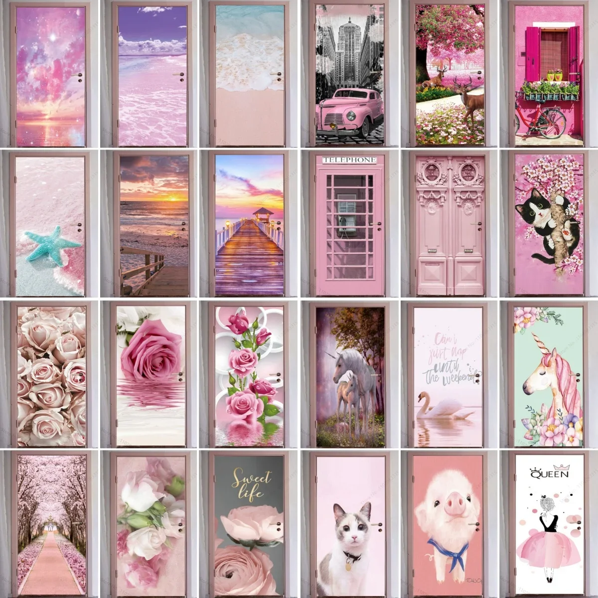 3D Creative Pink Door Stickers Natural Scenery Setting Sun Flowers Animals Beach Simulation Door Wallpaper Mural Door Renovation