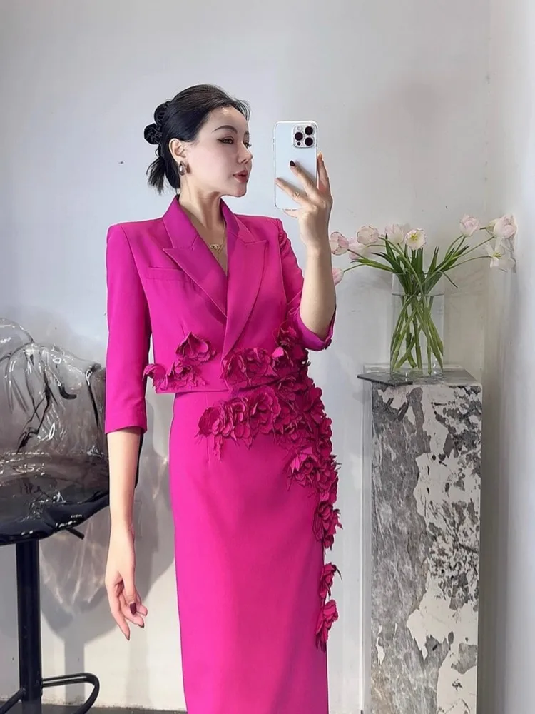 2025 Top Quality Women Spring Autumn Flower Suit Long Skirt Single Button Blazer Chic Slim Fit Two Piece Set Fashion Outfits