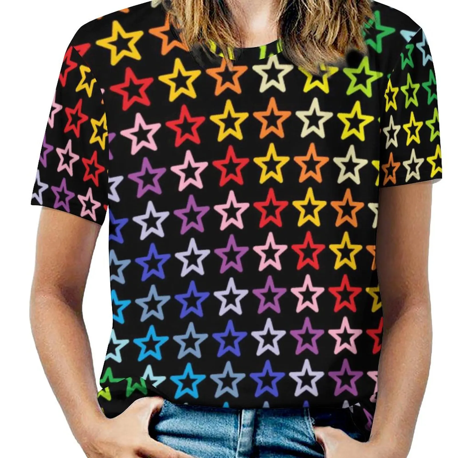 Big Size Broader Spectrum Rainbow T-Shirts Outline Stars Casual T-Shirt Short Sleeves Woman Retro Tee Shirt Summer Design Tees