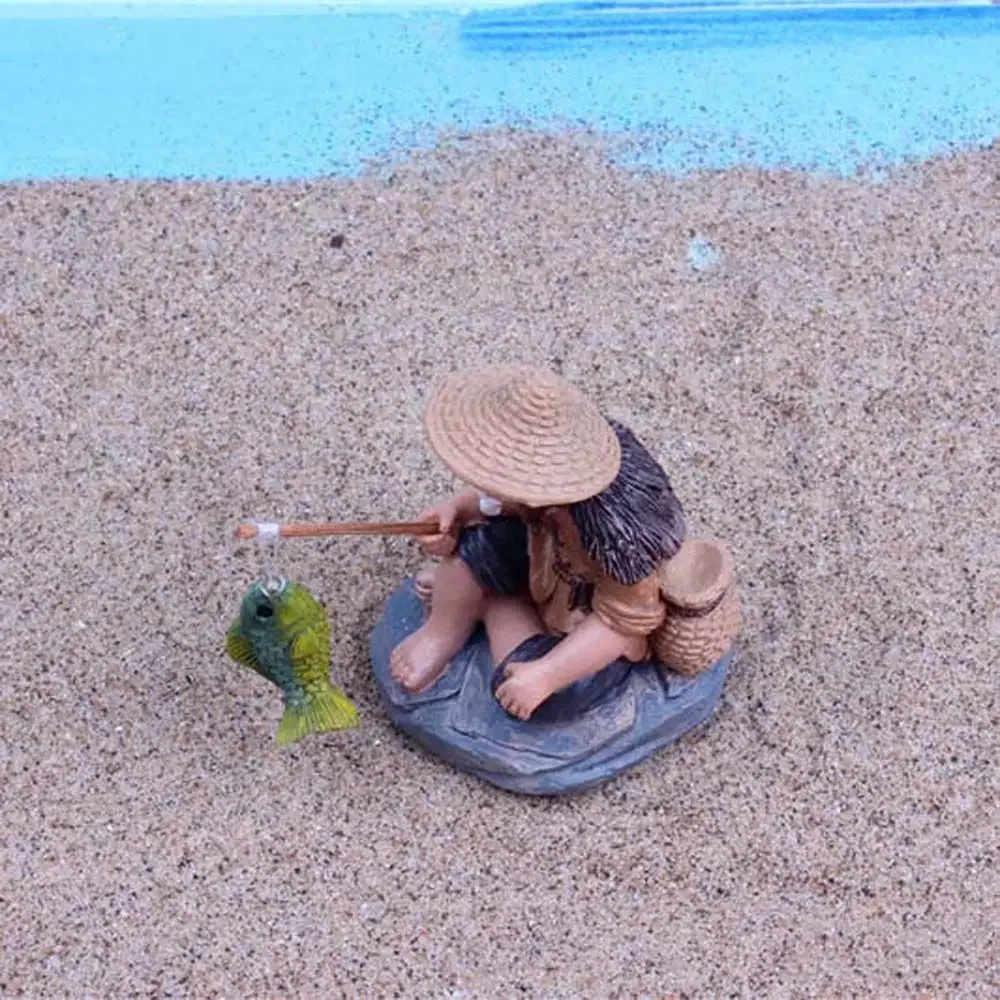 Cute Fisherman Miniature Figurine Handmade Resin Craft Small Sculpture Fairy Garden Ornament Micro Landscape Bonsai Decoration