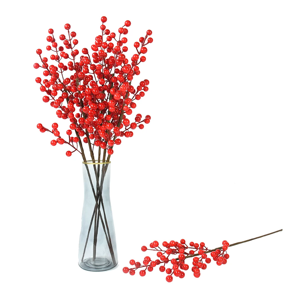 Artificial Red Berry With Stem 6 Branches Holly Berries Simulation Fake Flower Fruit for Christmas New Year Party Decoration