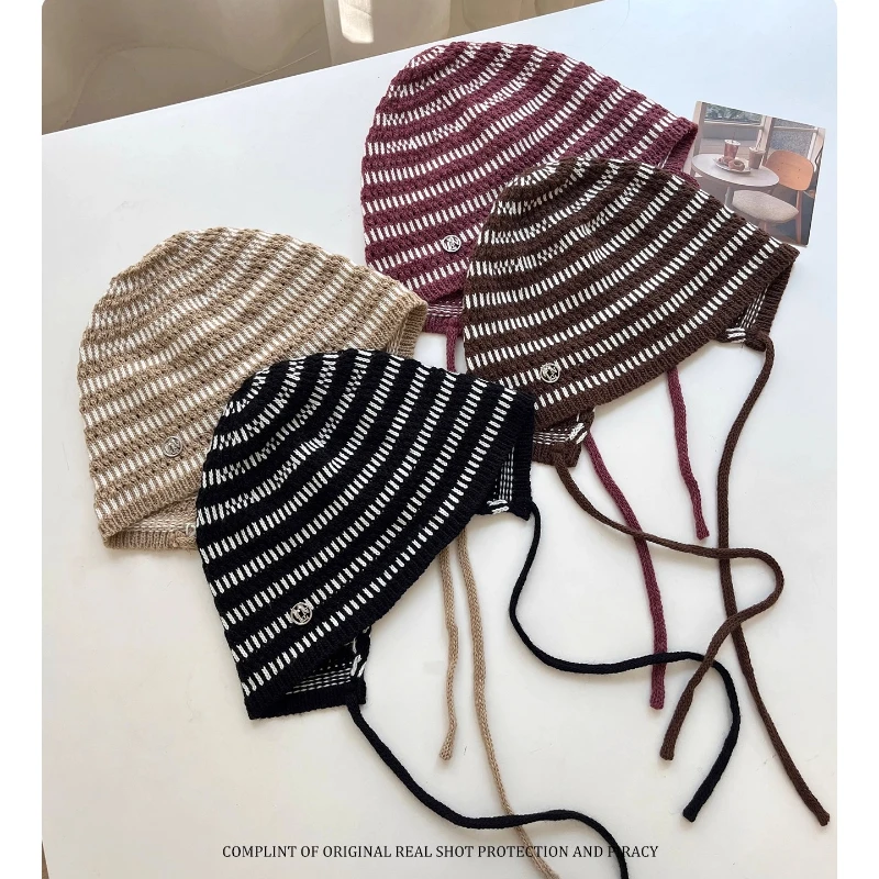 

Retro Striped Strap Fisherman Hat Women's Spring and Autumn Knitted Hat Hollowed Out Casual Versatile Pullover Hat