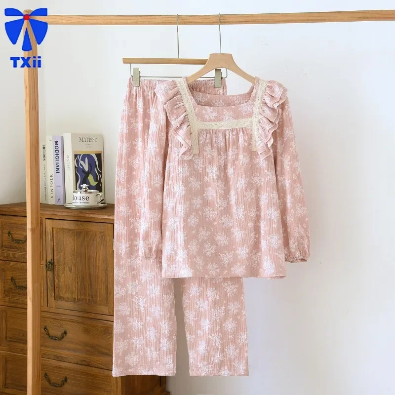 Cotton double-layer crepe women's pajamas for spring autumn, new long sleeved pants  summer, thin floral pullover for home wear