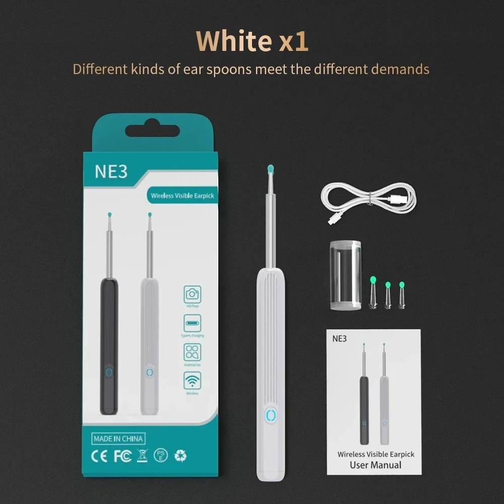 Sem fio inteligente Visual Ear Cleaner, endoscópio com câmera, remoção de cera, Earwax Cleaning Kit, colher e Earpick
