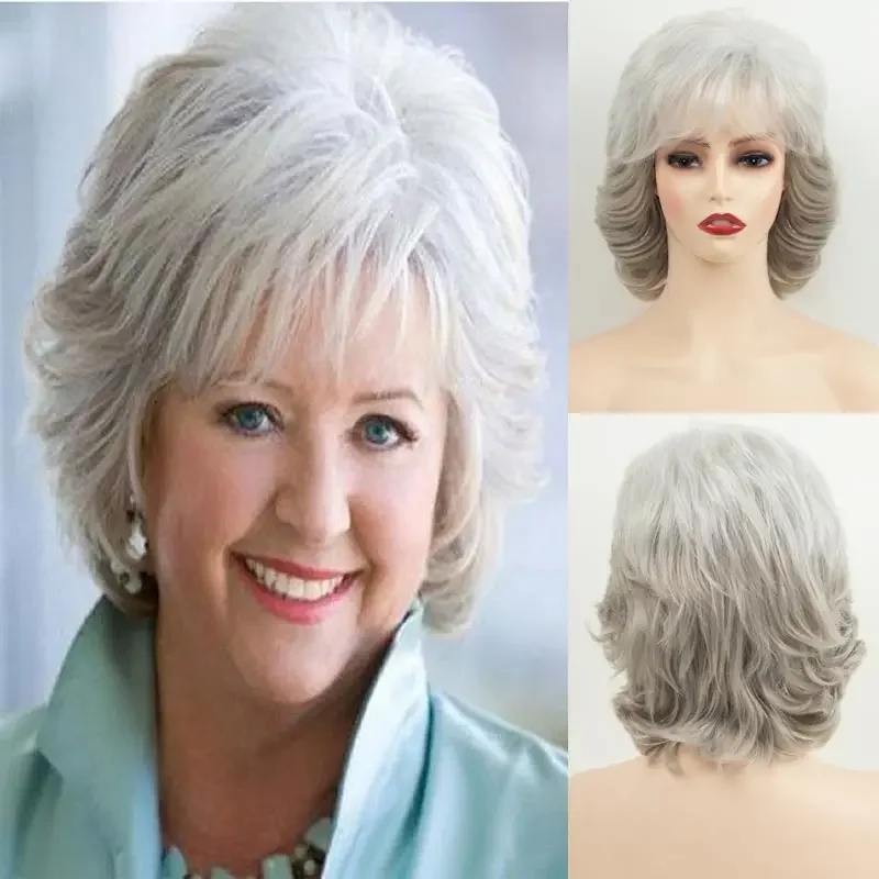 Grandma Wig Women's Fashion Bob Wigs Silver Platinum Color Loose Wavy Wigs Grey Color Short Curly Hair Mommy Wigs Cosplay Party