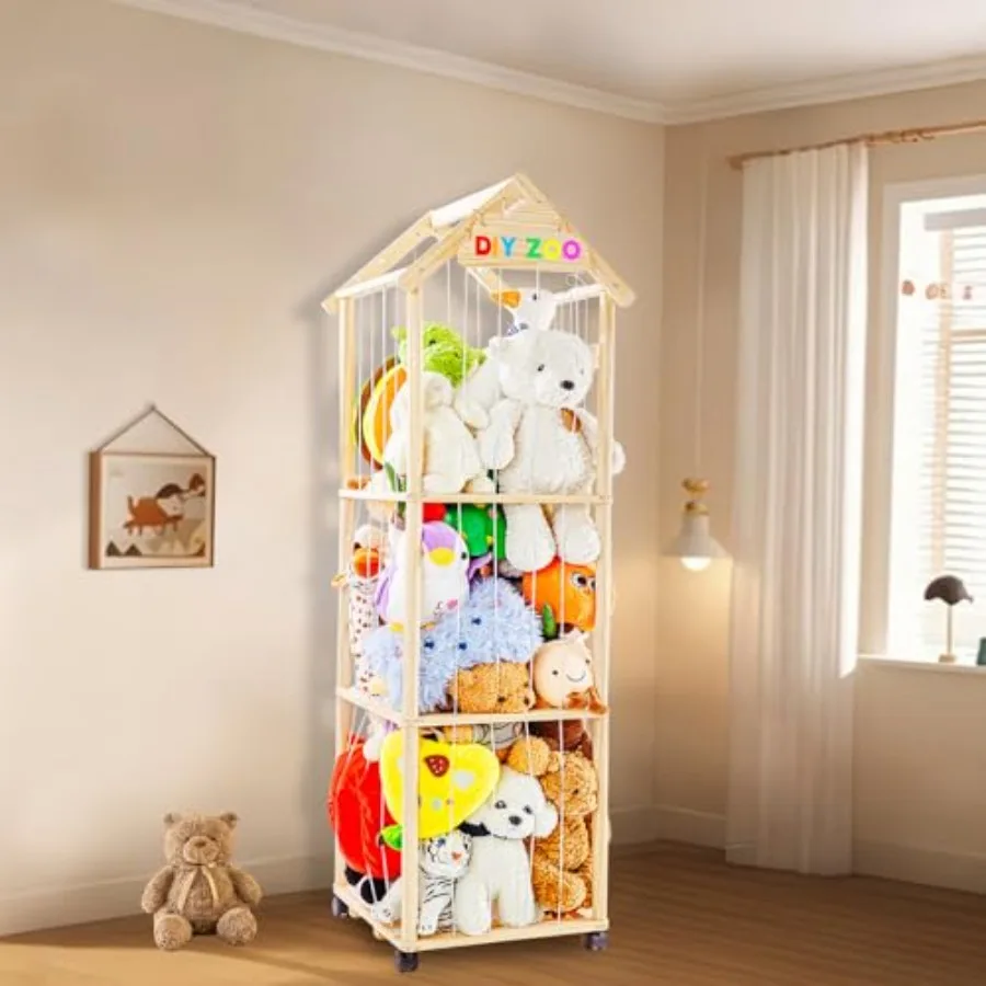

Stuffed Animal Storage, Stuff Animal Organizer Display Wood Zoo Animals Toy Holder with Length Adjustable, 360° Swivel Wheels S