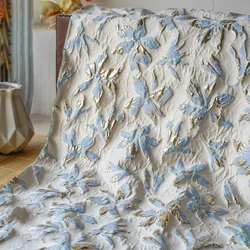 Light Blue Gold Silk Embossed Flower Jacquard Fabric Women's Elegant Dress Decorative Sewing Fabric 50cmx140cm