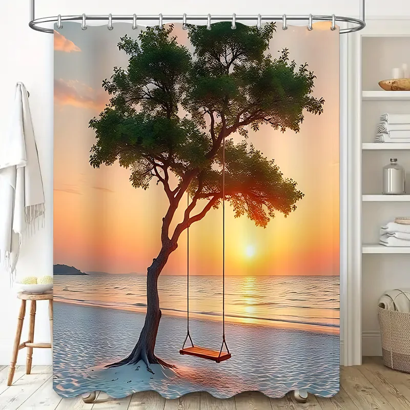 

Seaside Sunset Tree with Swing Shower Curtain - Creative Landscape Decoration - Waterproof and Mold-Resistant Durable Quality