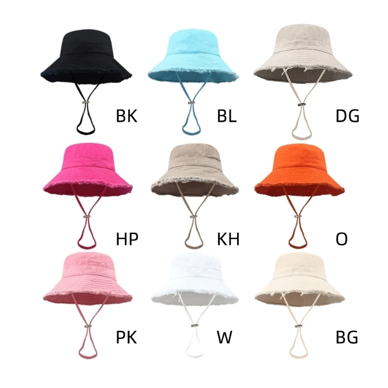 50JB Adult Frayed Bucket Hat Anti-Uv Wide Brim Hat with Adjustable Chin Rope