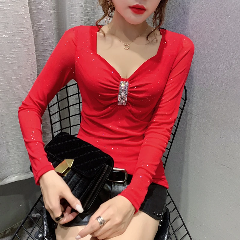 #7929 Black Blue Red Hollow Out Spliced Lace Basic T-shirt Women Sexy V Neck Diamonds Long Sleeve T Shirts Slim Stretch Mesh Top