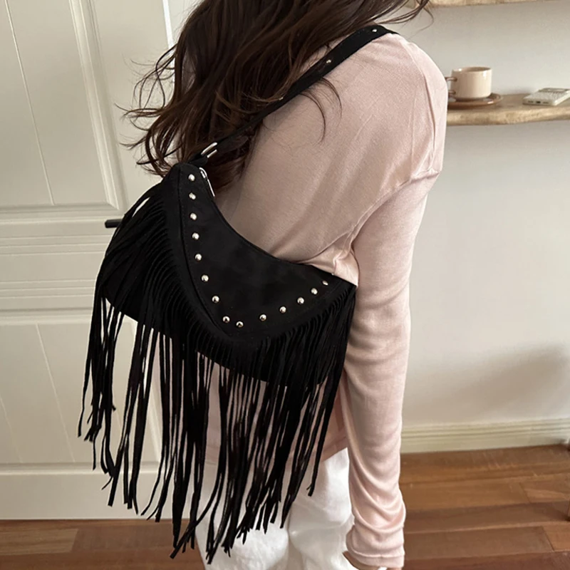 Long Tassel Rivet Frosted Shoulder Bag,Women Matal Studded Design Fringed Underarm Bag,Autumn Winter Vintage Solid Color Purse
