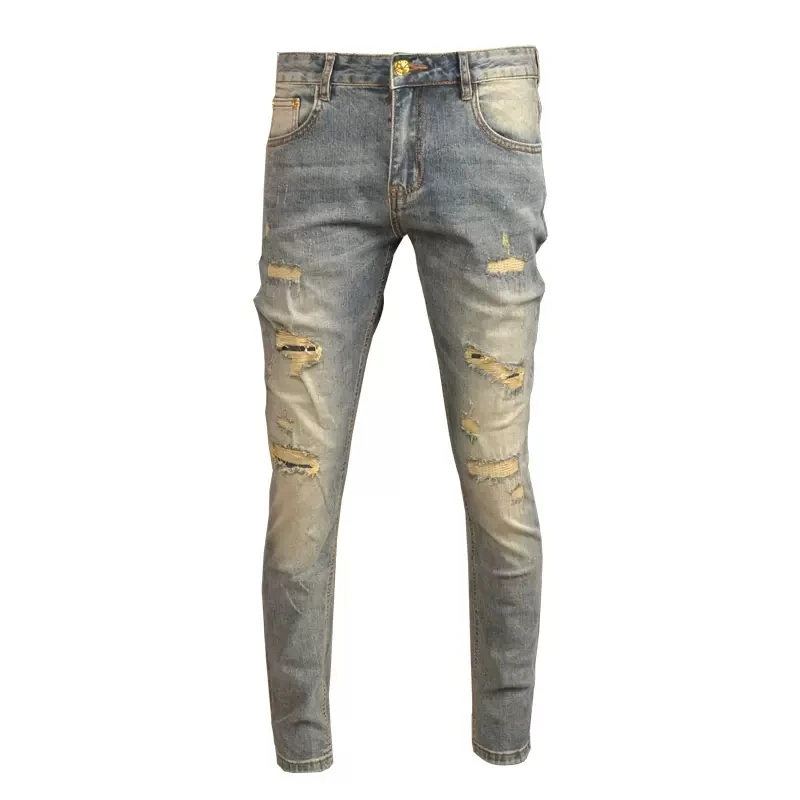 Fashion Designer Men Jeans High Quality Retro Washed Elastic Slim Fit Hole Ripped Jeans Men Patched Vintage Denim Pants Hombre