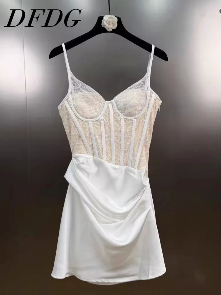DFDG femmes printemps été blanc dentelle Cami robe Satin froncé jupe élégante fête Clubwear 2025 à la mode féminine robe de mode