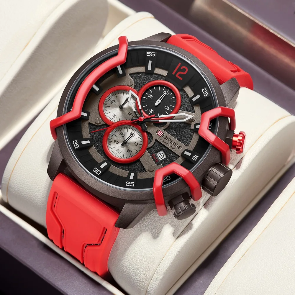

BORUSE, 2 шт./компл., мужские кварцевые часы, набор браслетов, красный силиконовый ремешок, корпус из сплава с указателем, кварцевый механизм, универсальный для ежедневного использования