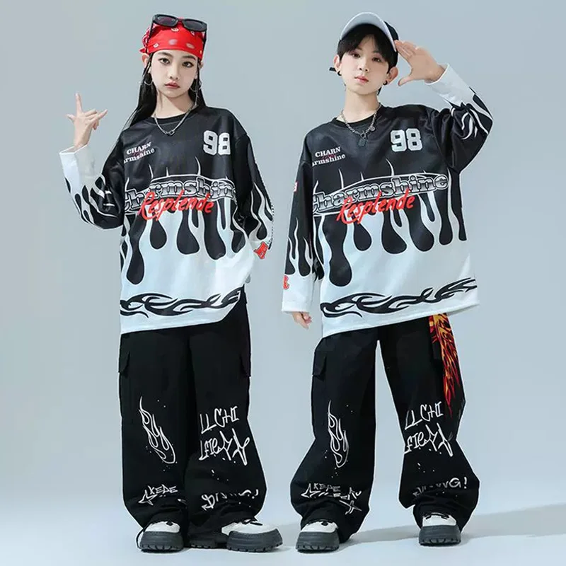

Street Dance Clothing Oversize Hip Hop Tops T-Shirt Black Shuffle Pants Jazz Dance Costume For Boys Girls Fashion Clothes 2986