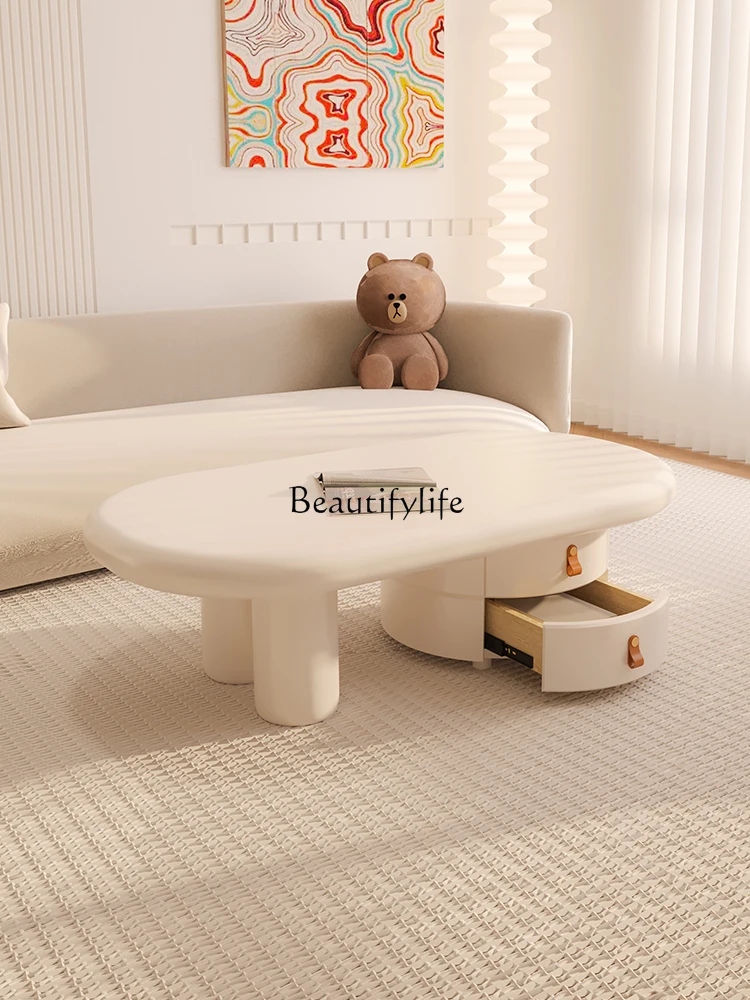 Cream Style Oval Style High-Grade French Style Small Apartment Coffee Table with Drawer