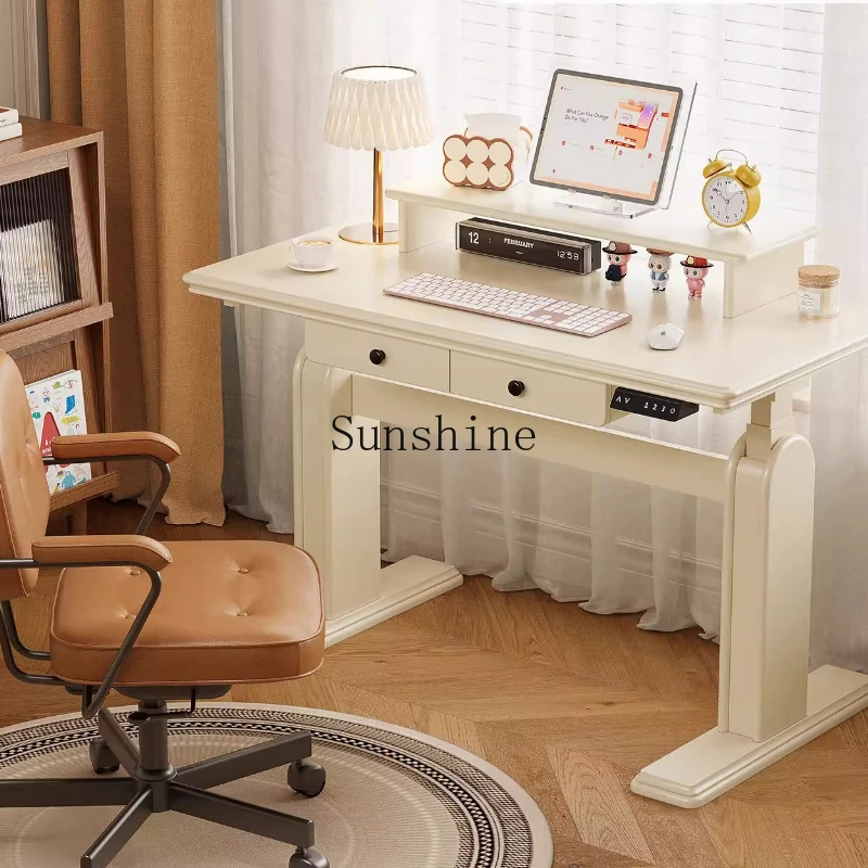 

French Cream Wind Smart Electric Lifting Desk Household Bedroom, White Solid Wood Standing Workbench