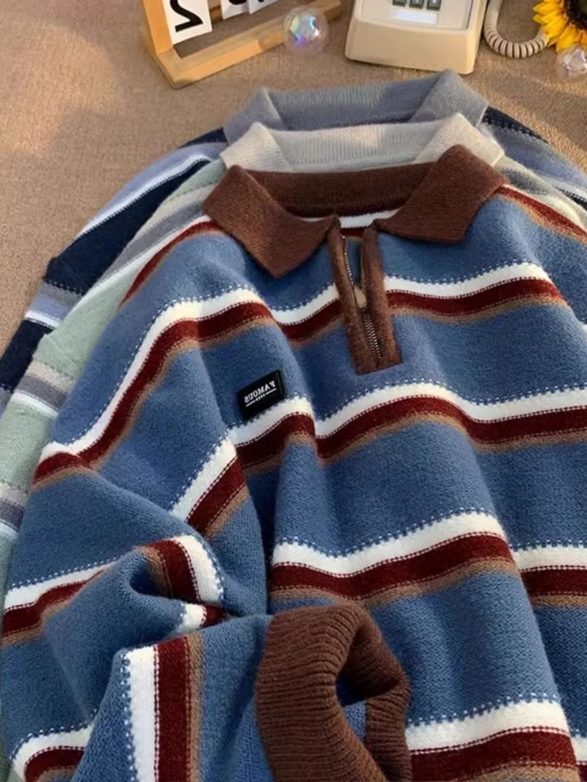 سترة بولو بياقة نصف سحاب مخططة بأسلوب ريترو للجنسين، تصميم فضفاض بأسلوب كسول للشتاء، تصميم شبابي مميز بأكمام طويلة #3