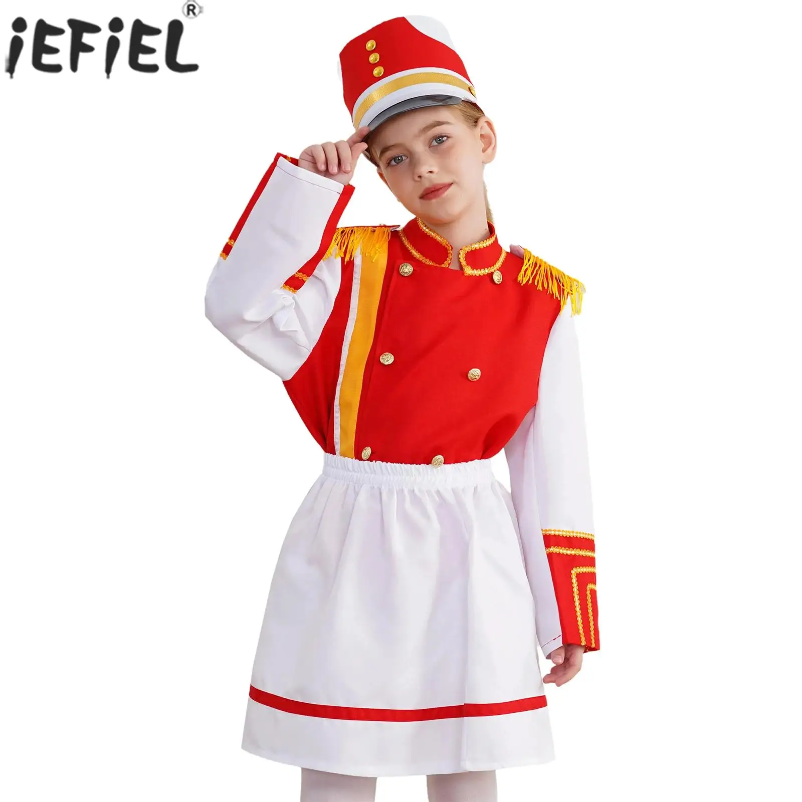 Teen Girls Halloween Carnival Marching Band Drum Trumpet Honor Guard Parade Costume Top with Skirt Cap Set Flag Raising Outfit