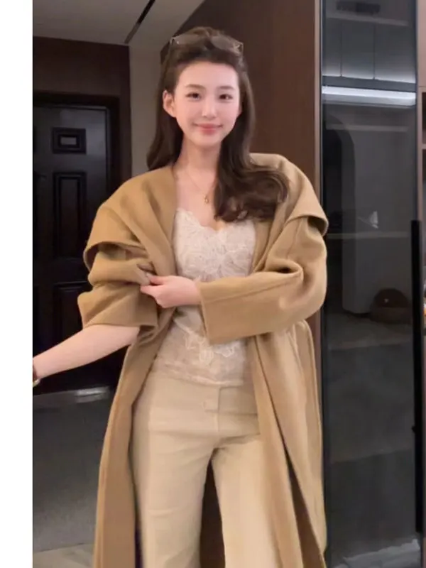 

Ele Lady Sle Woolen Coat Long Collar Unique Design Faionable Korean Version Loose Fit Long Sve Color