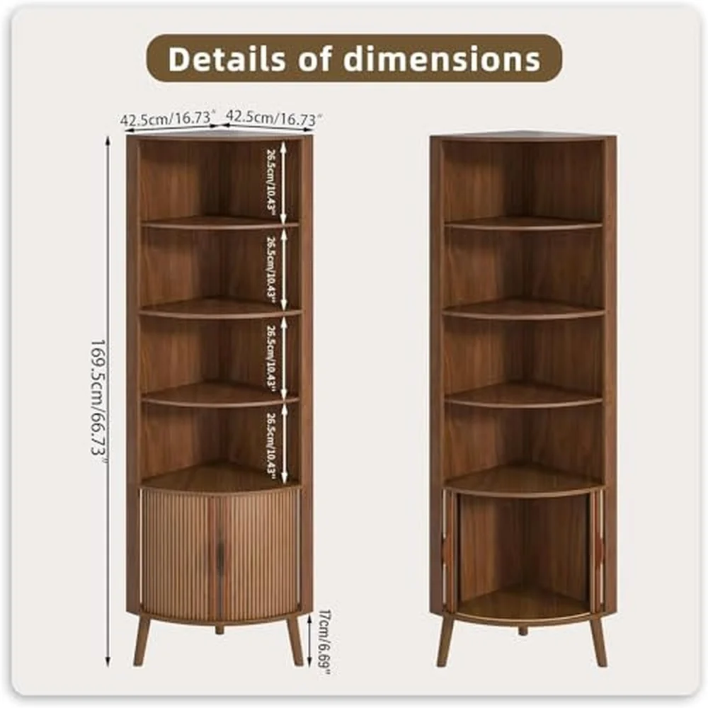 66'' Tall Corner Bookshelf with 2 Fluted Sliding Doors Walnut