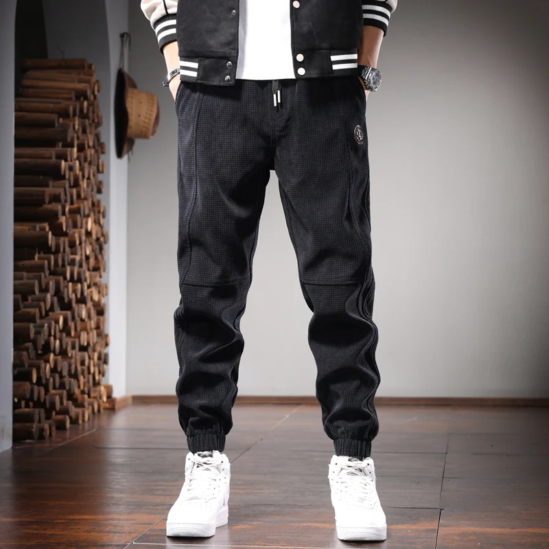 Winter Warm Fleece Pants Men Fashion Casual Black Plaid Corduroy Baggy Elastic Waist Drawstring Trousers