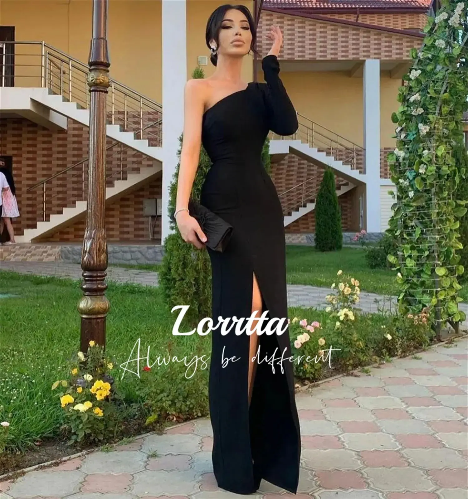 Lorrtta Vintage Long Black Evening Gown Sleeves Mermaid One Shoulder Side Slit Floor Length Formal Women's Party Dress Elegant