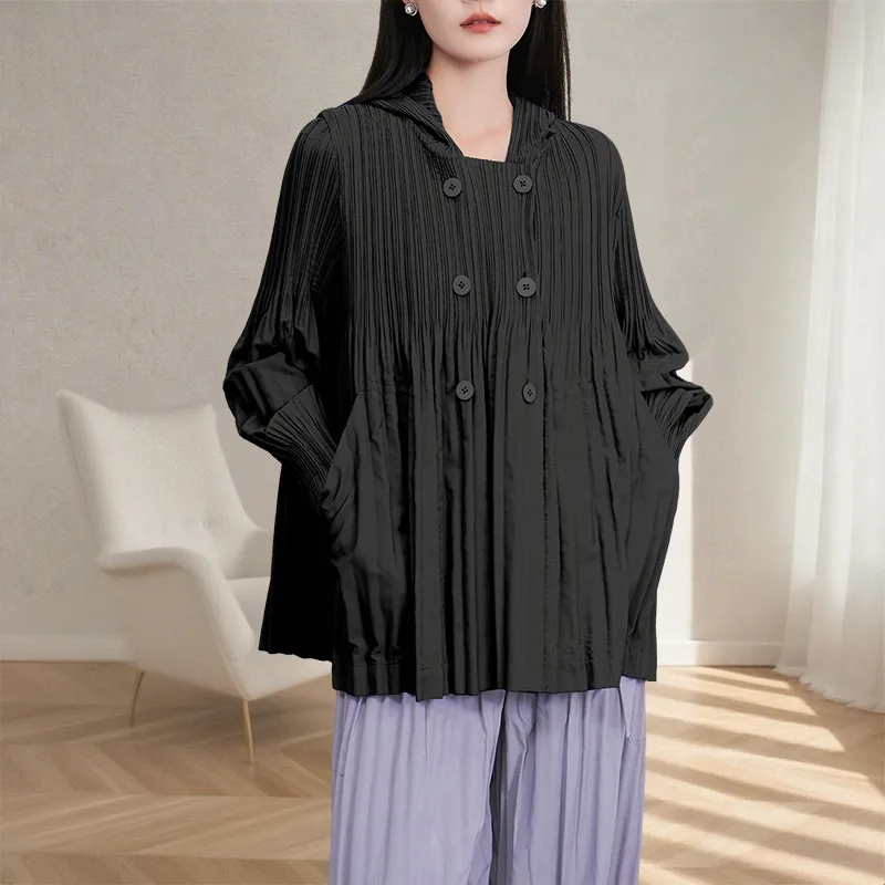 

Miyake плиссированные топы женская куртка осень-зима с капюшоном двубортная ветровка с длинными рукавами простая повседневная эластичная ветрозащитная куртка