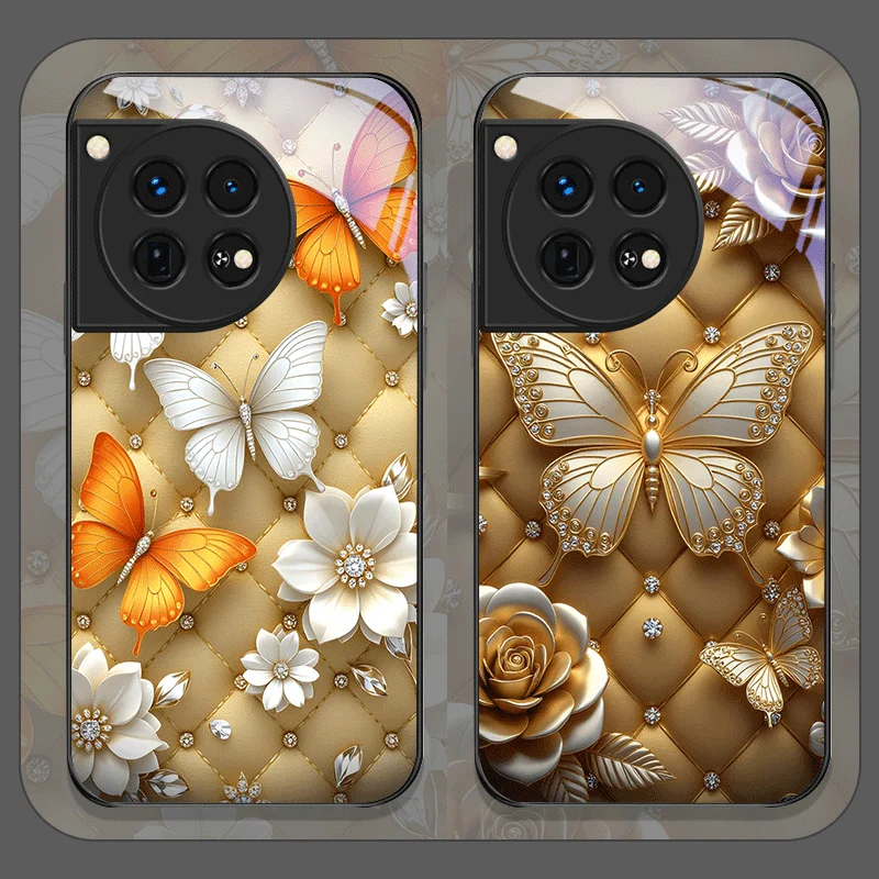 حافظة هاتف من الزجاج المقسى على شكل فراشة ذهبية لهاتف OnePlus 13 R 12 11 10 ACE2 ACE3 Pro Nord 2T 4 CE2 ACE3 Lite