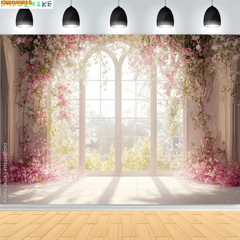 

Wedding With Grand White Floral Archway Photography Backdrops Church Luxurious White Room Window Photo Background HL-10