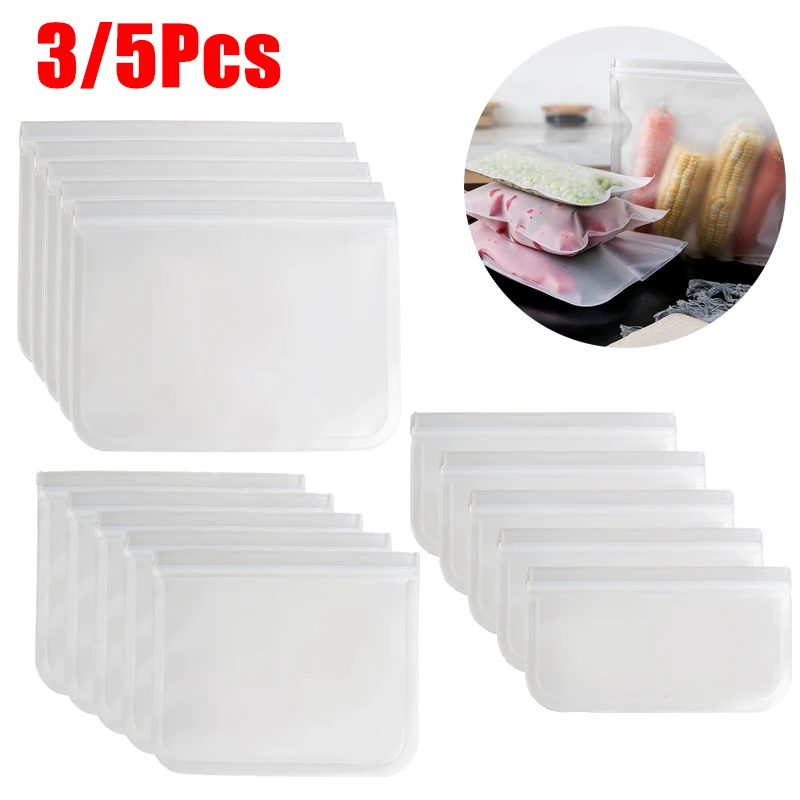 3/5Pcs Silicone Food Storage Bags Reusable Stand Up Zipper Bags Airtight Food Fruits and Vegetables Liquid Leak Proof Containers