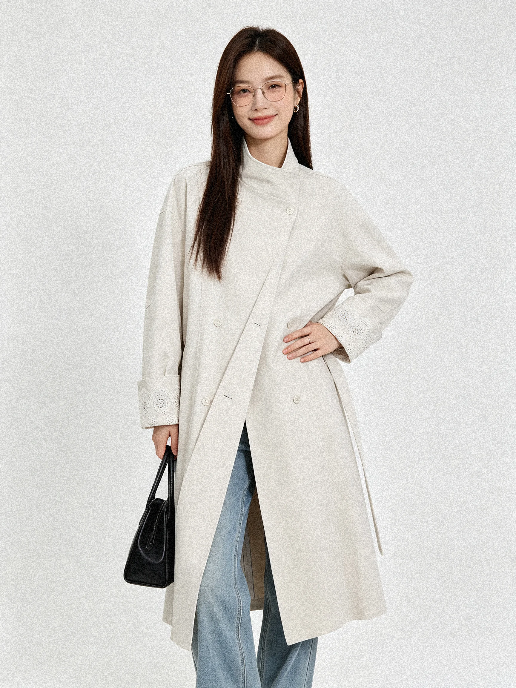 Korean Style Loose Long Coat with Lace Cuffs Stand Collar Commute Elegant Outerwear Breathable Standard Fit Long Sleeve Women...