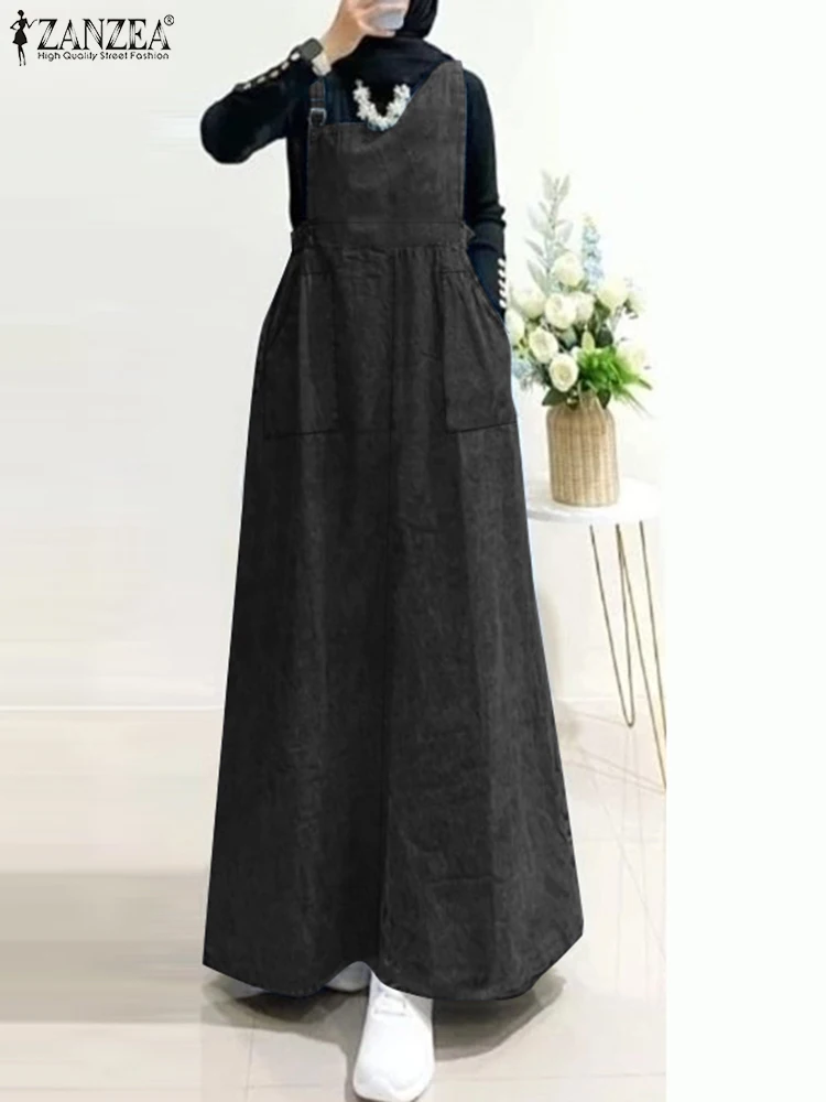 ZANZEA Women Denim Abaya Robes Islamic Hijab Slant Neck Streetwear Sleeveless A-line Vestidos Muslim Fashion Pinafore Dresses