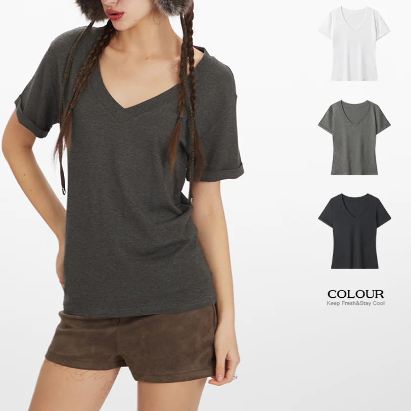 

Yapher Women's Essential V-Neck Solid Color T-shrit Slim Fit Solid Basic Rolled Cuff Sleeves Tee Breathable Layering Top