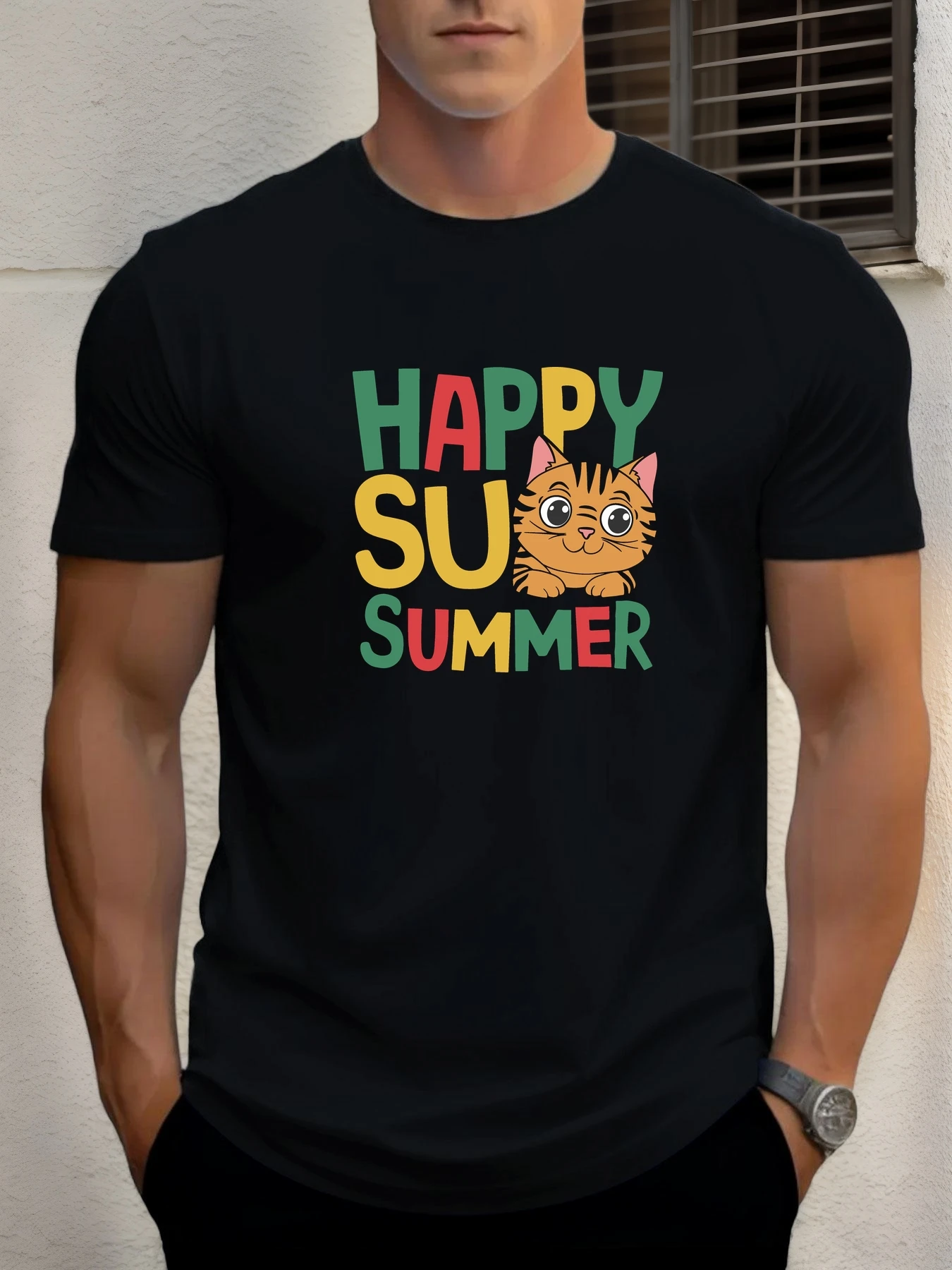 

Мужская футболка с коротким рукавом Happy Summer с принтом кота, летняя футболка большого размера с круглым вырезом, повседневная модная одежда высокого качества