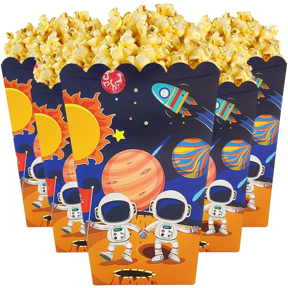 Astronaut Birthday Decoration 6pcs Outer Space Popcorn Box Snack Box Candy Cookie Containers Goodie Bag Solar Space Planet Party