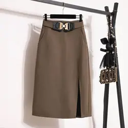 New Spring and Autumn Women's Solid Colors High Waist Loose Zipper Bag Hip A-Line Sashes Split Fashion Casual Commuter Skirt