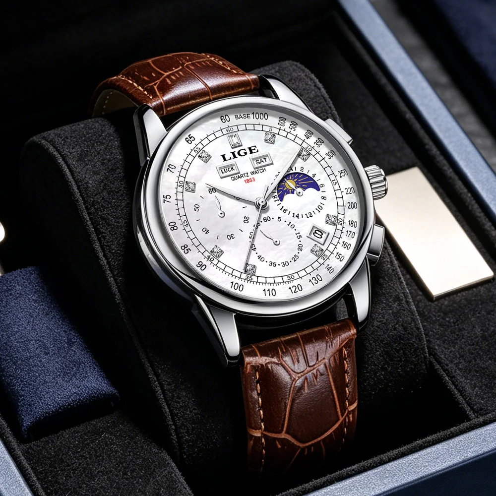 

New Mens Watches LIGE Top Brand Luxury Leather Casual Quartz Watch Men's Sport Waterproof Clock Watch Relogio Masculino+Box