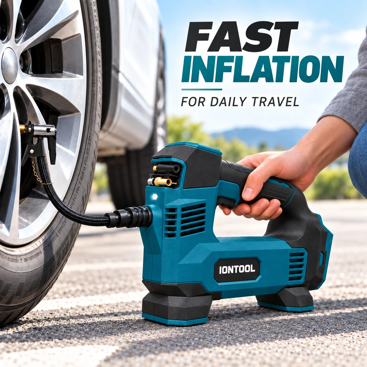 IONTOOL DQB001 Cordless Tire Inflator 140W Portable Air Compressor with Built-in Nozzle Storage for Car Bike Ball No Battery