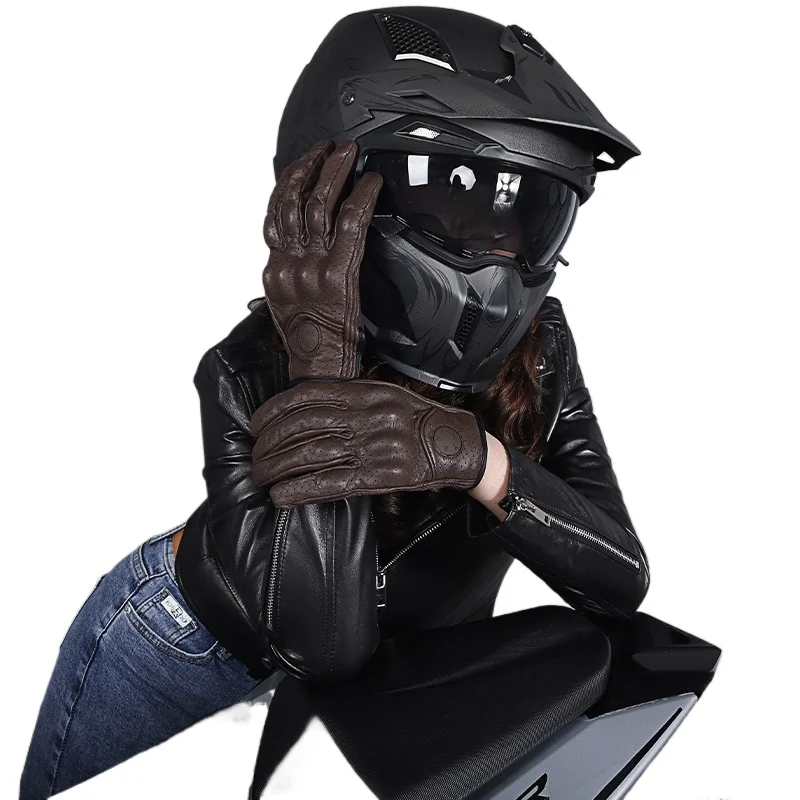 Motorcycle riding leather anti-drop gloves summer touch screen sheepskin retro locomotive equipment four seasons breathable