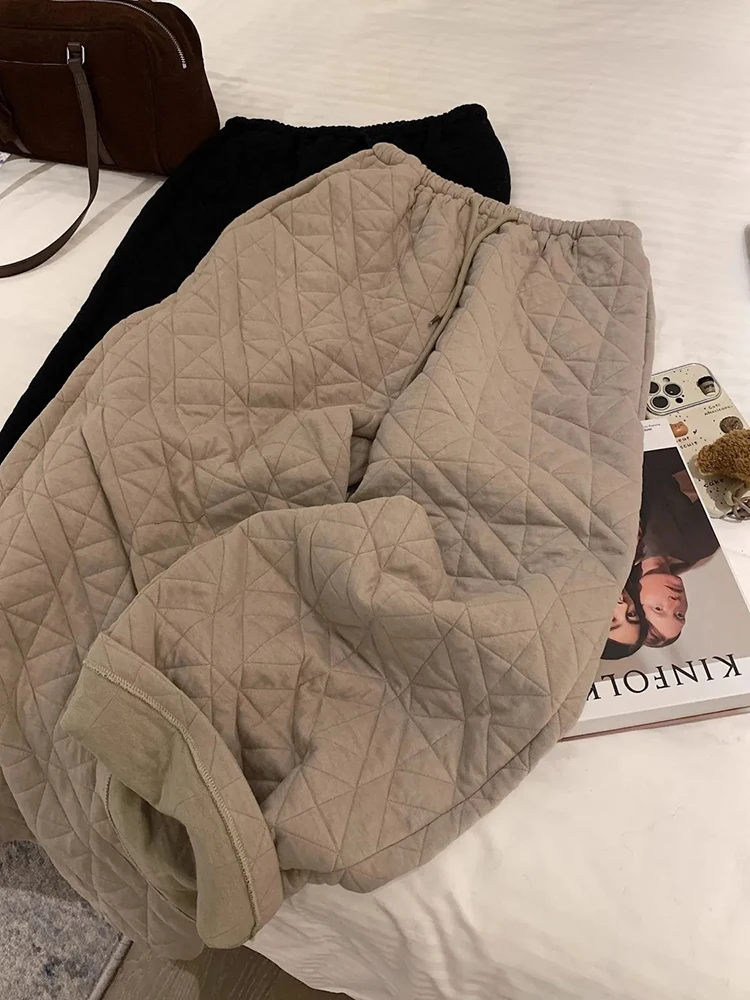 Winter Thick Argyle Wide Leg Pants Women Y2K High Waist Streetwear Loose Casual Pants Female Warm All Match Straight Trousers