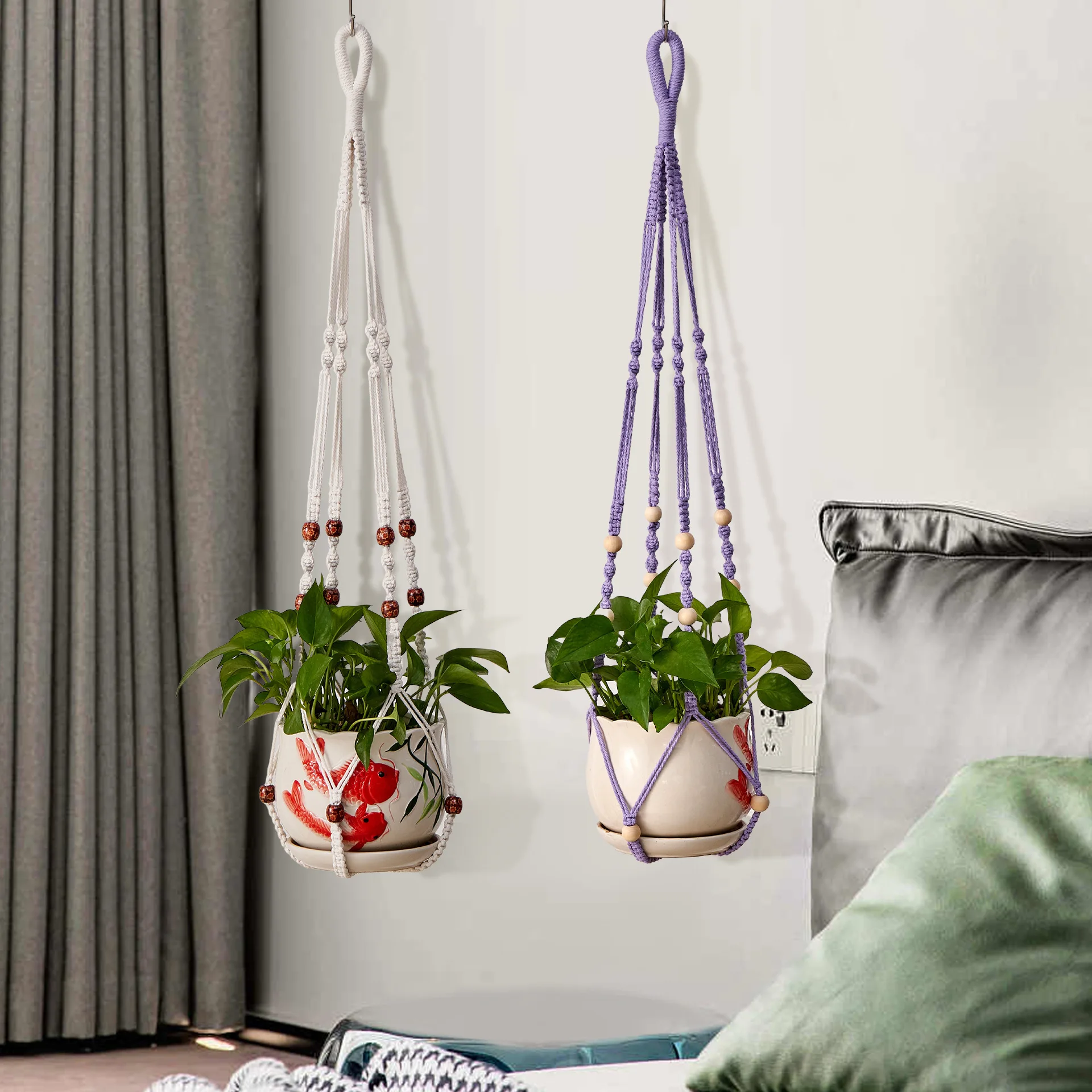 Hanging Plants Hand-Woven Jacquard Hanging Basket Planter Balcony Hanging Planter Home Garden Decorations Plant Tray